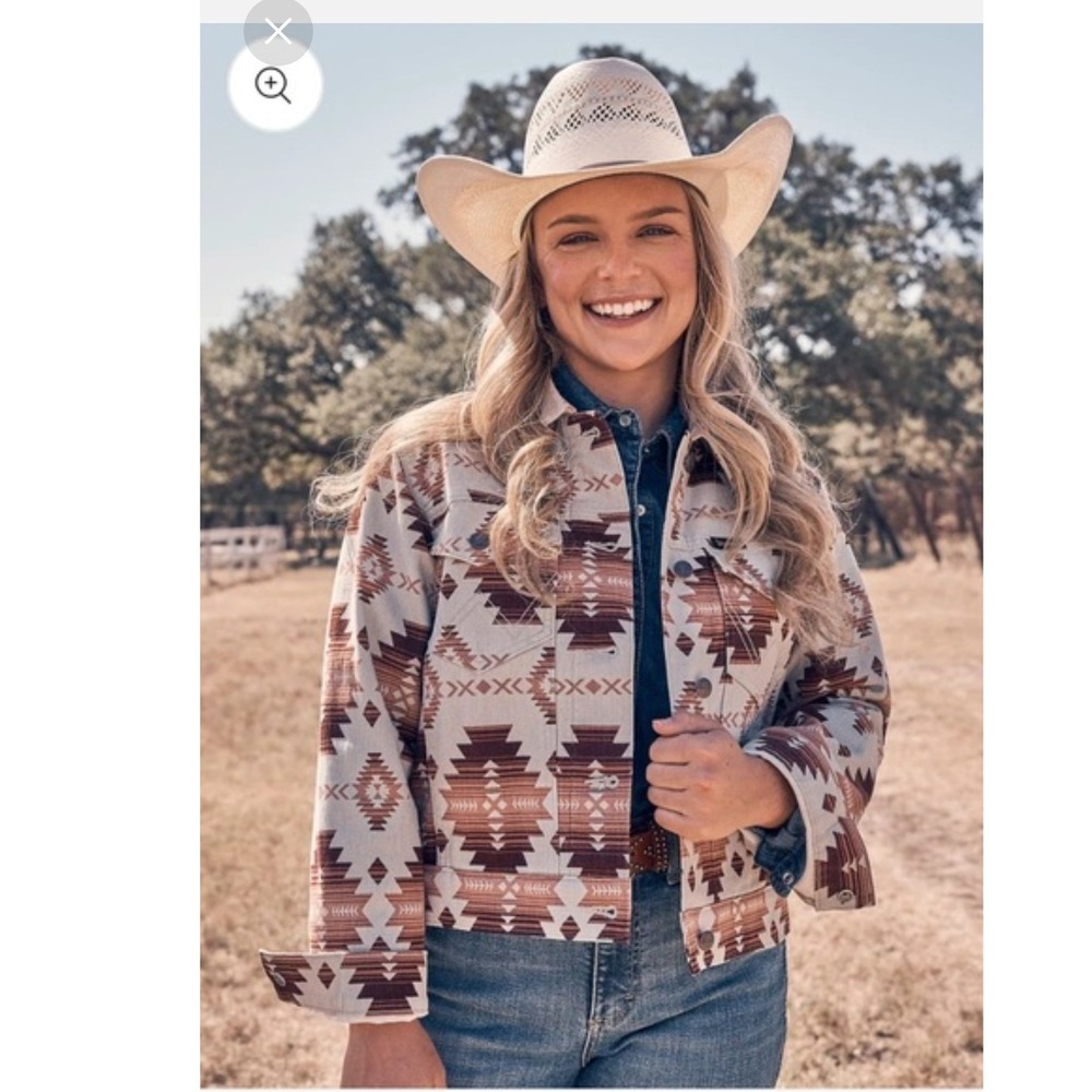 Wrangler Trucker Jacket Large Brown Retro Aztec Western Print Boyfriend Jacket